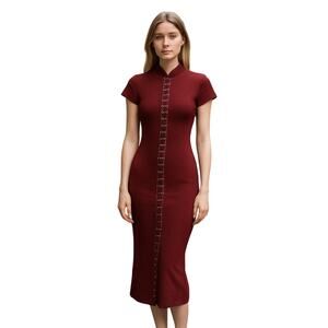 Zara Bodycon Knit Midi Short Sleeves Dress Burgundy Size L NWT